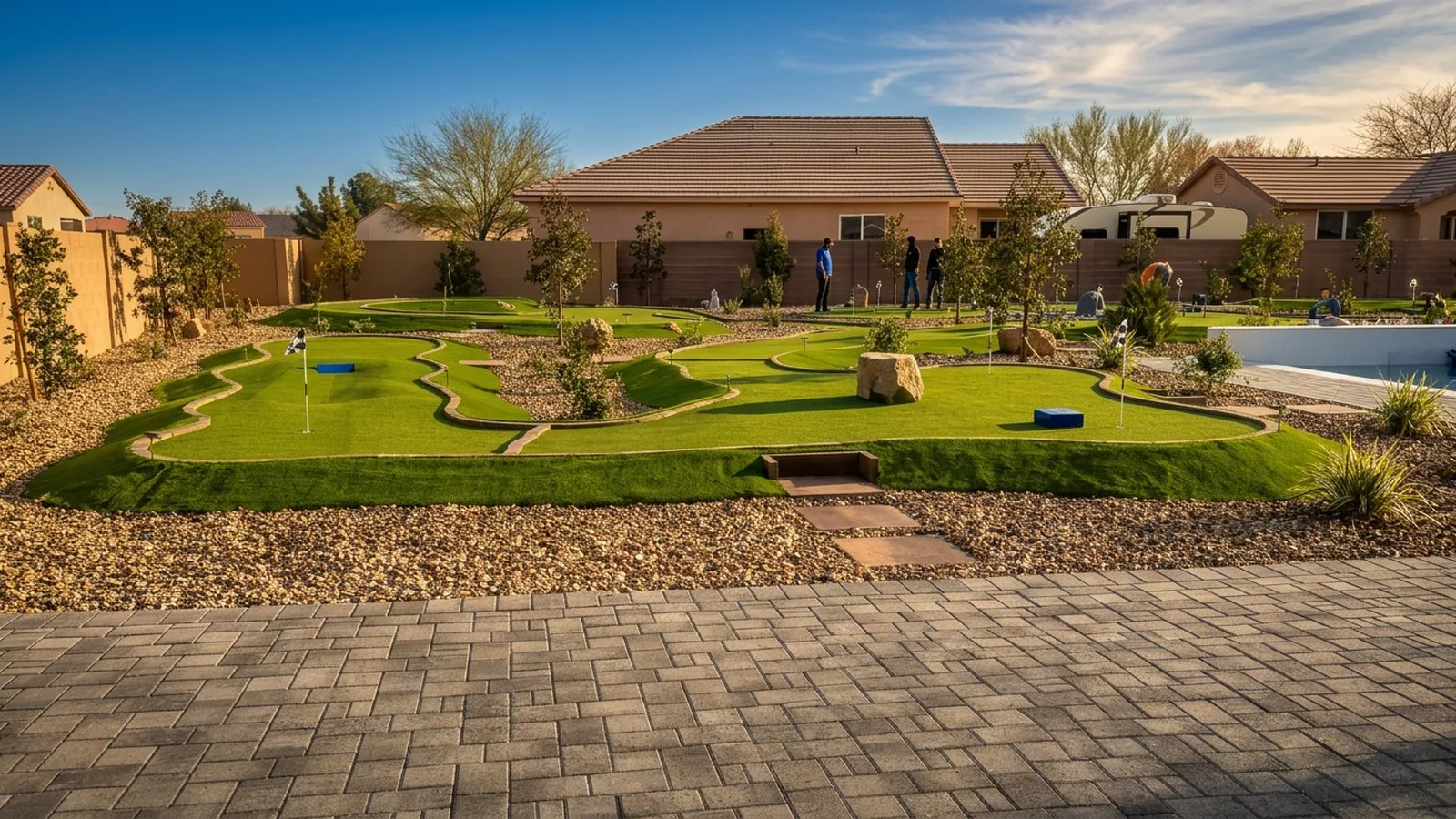 Backyard with a putting green and paver patio