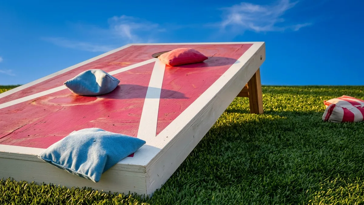 Cornhole boards set up on a backyard turf area