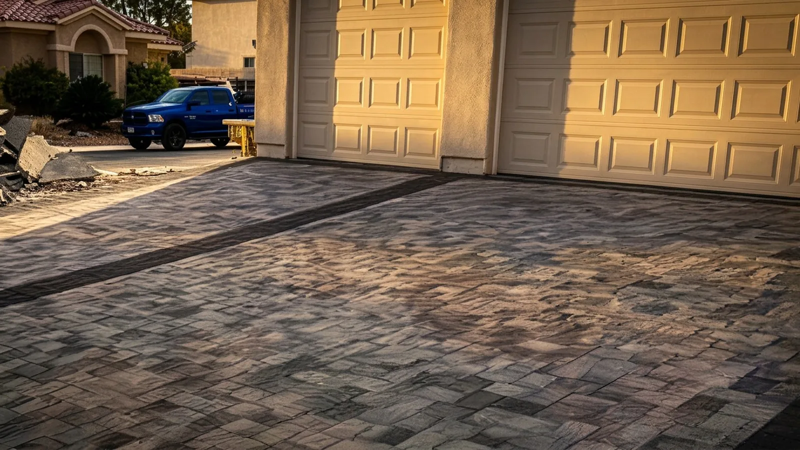Two-tone paver driveway and entry on a newly built Las Vegas home