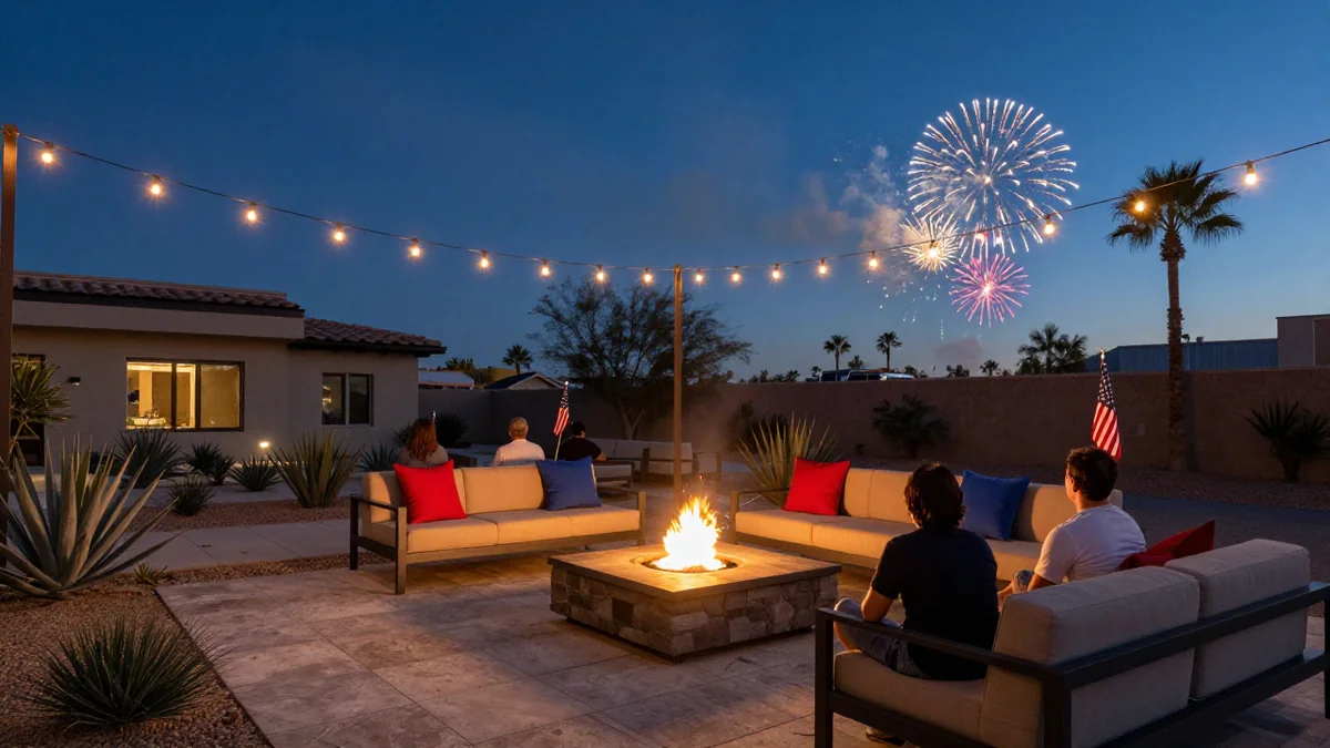 Las Vegas backyard paver patio at dusk with fireworks overhead and a small group watching from behind