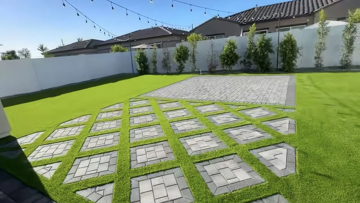 Comparison graphic showing pavers and turf side by side