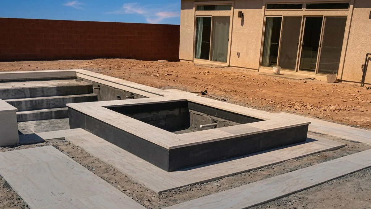 Pool and spa under construction with paver layout