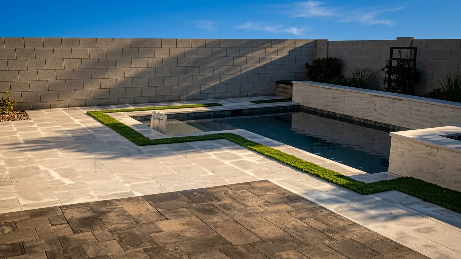 Pool with a travertine and paver border