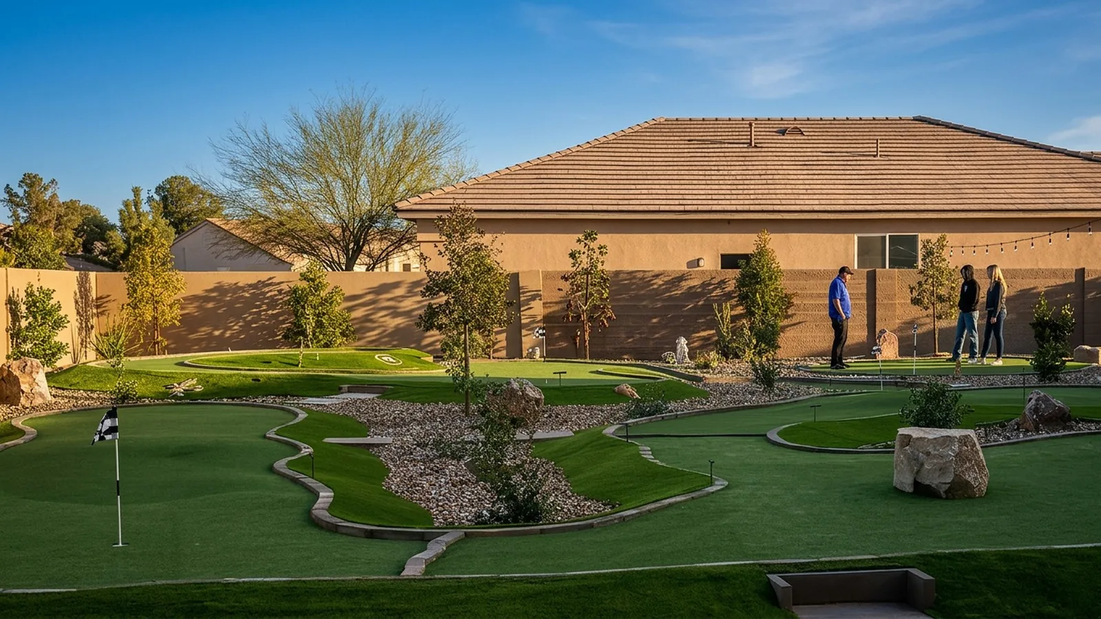 Backyard putting green with a golf ball beside a flagged hole
