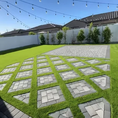 Four-panel collage of paver, turf, and outdoor living projects