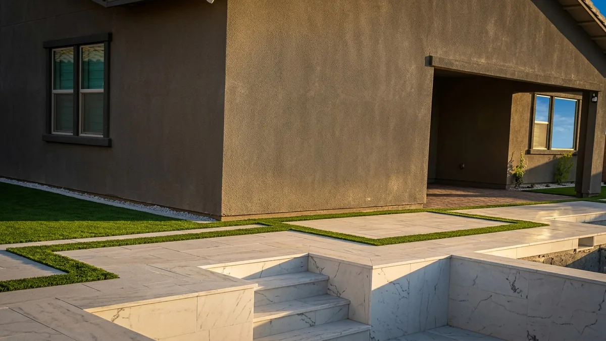 Light travertine pool deck that stays cool underfoot in Las Vegas summer sun