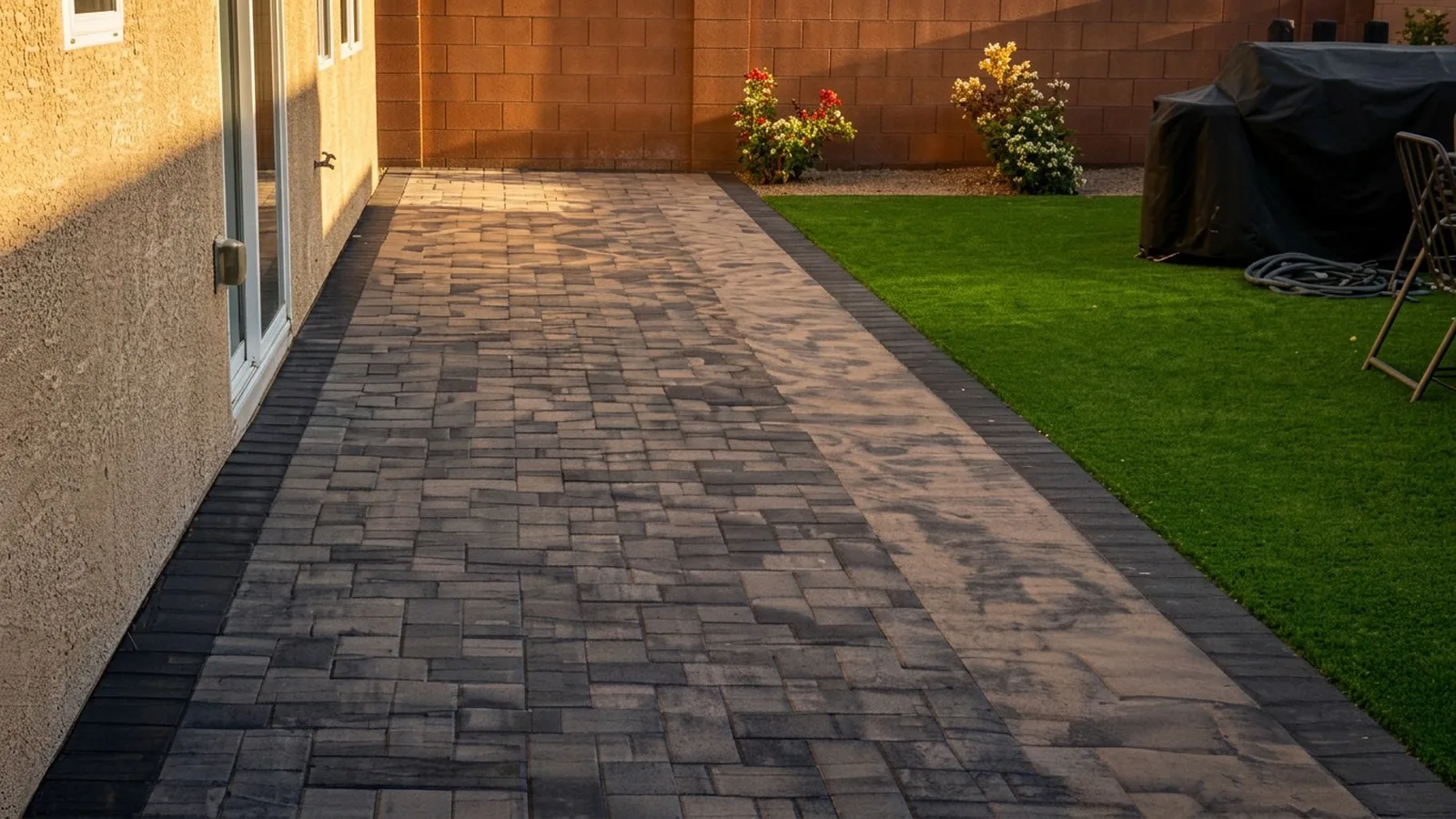 Dark paver walkway running alongside grass