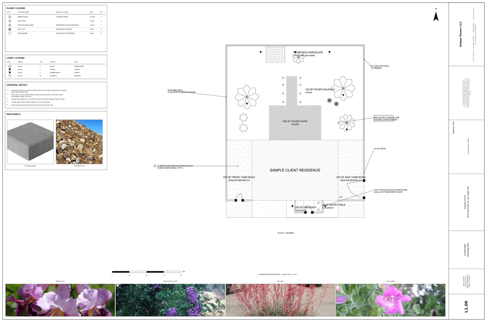 A sample Unique Pavers 2D yard plan with every surface dimensioned and every material named