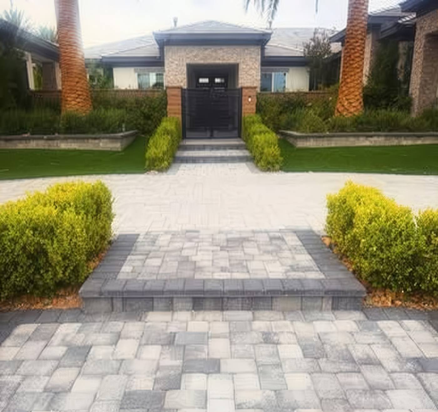 A formal front entry in Las Vegas with a two tier paver walkway, turf strips, clipped hedges, and palms, built by Unique Pavers