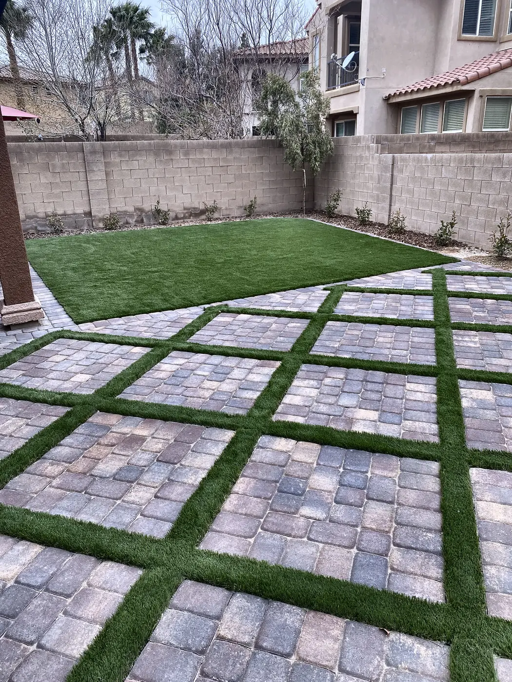 Paver grid set in turf, a Unique Pavers job in the Las Vegas valley