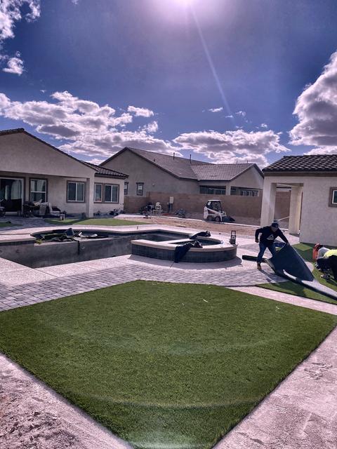 Turf, pavers, and spa, a Unique Pavers job in Las Vegas Valley