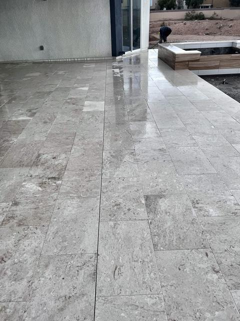 Travertine pool deck detail, a Unique Pavers job in Las Vegas Valley