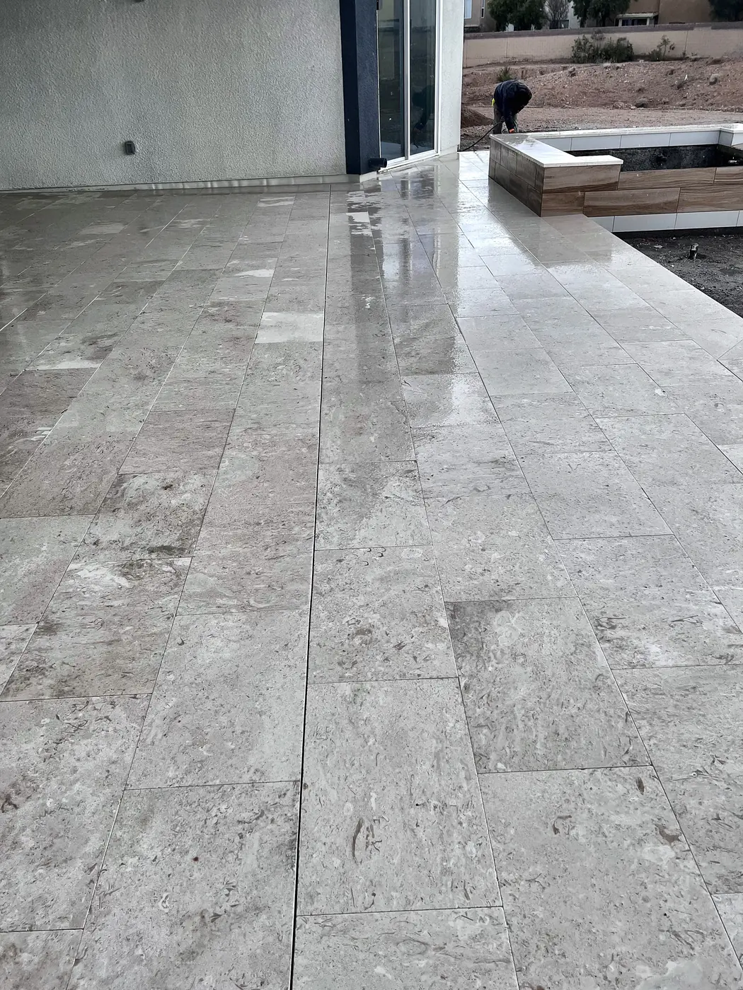 Travertine pool deck detail, a Unique Pavers job in the Las Vegas valley