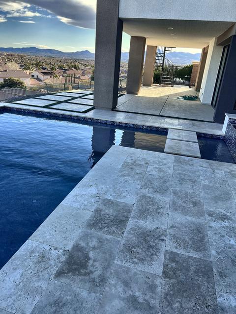 Travertine pool deck and coping, a Unique Pavers job in Las Vegas Valley