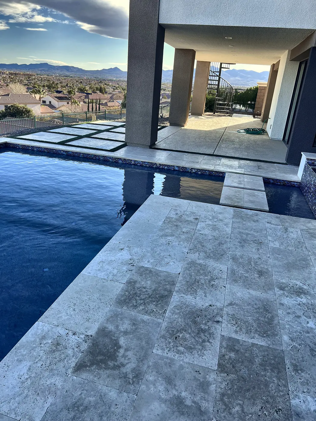 Travertine pool deck and coping, a Unique Pavers job in the Las Vegas valley