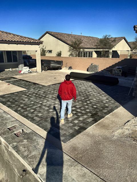 Laying out the paver grid, a Unique Pavers job in Las Vegas Valley