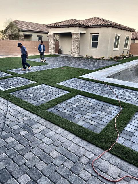 Paver squares and turf, front yard, a Unique Pavers job in Las Vegas Valley