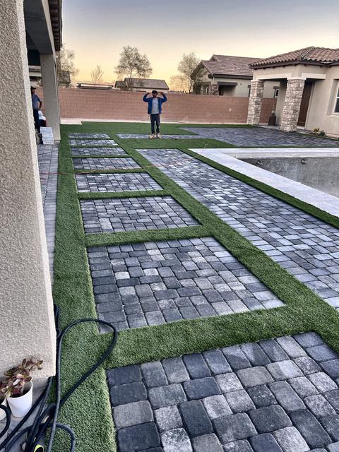 Paver grid down the side yard, a Unique Pavers job in Las Vegas Valley